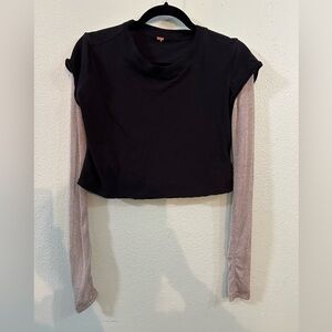 Free People Black Crop Top Mesh Long Sleeve No Size Tag Fits XS Boho Shirt
